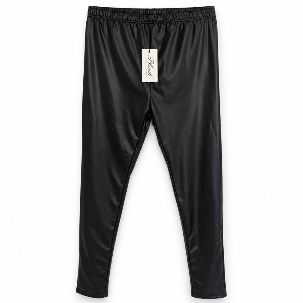 Plush Women's Black Glossy Faux-Leather Fleece Lined Liquid Leggings XL